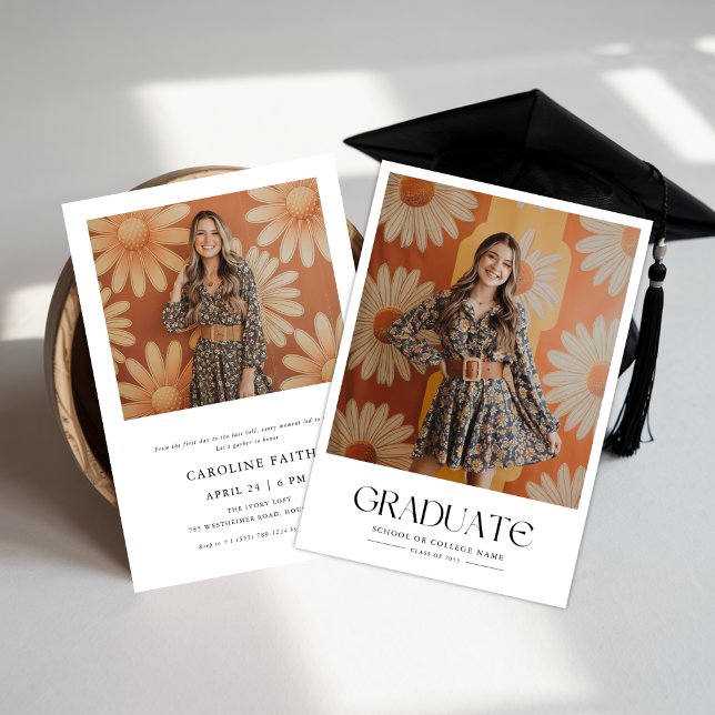 Daisy 2 Photo Minimalist 60s Retro Graduation Invitation (Creator Uploaded)