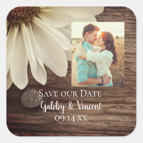 Daisy and Barn Wood Country Wedding Save the Date Square Sticker