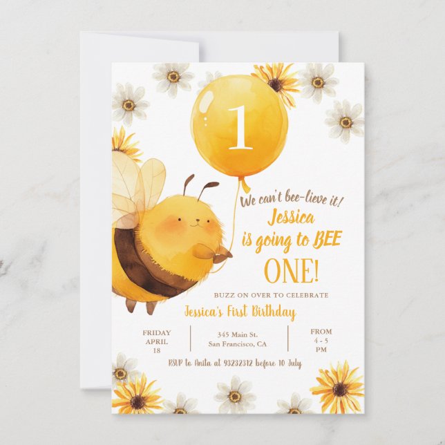 Daisy and Bee Sunflower First Birthday  Invitation (Front)