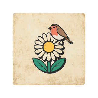 Daisy and Bird Design Metal Print