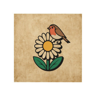 Daisy and Bird Design Wood Wall Art