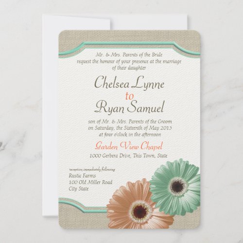 Daisy and Burlap Mint and Peach Invitations
