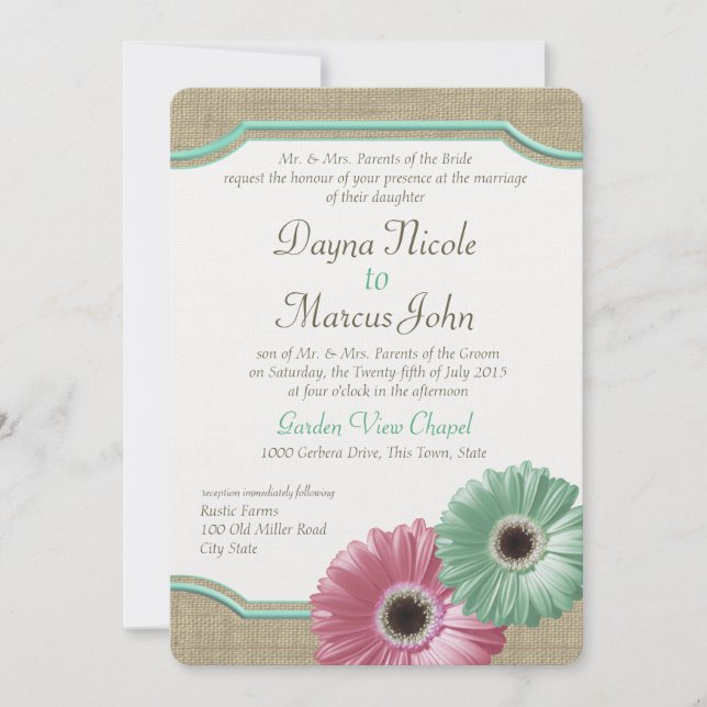 Daisy and Burlap Mint Green and Pink Invitation (Front)