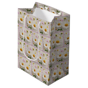 Daisy and Cosmos Flowers On Distressed Paper Medium Gift Bag