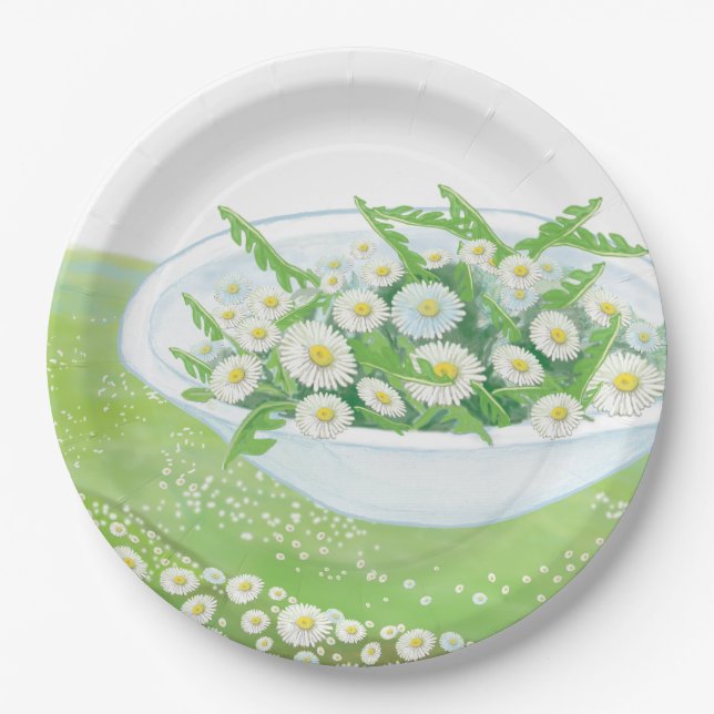 Daisy and Dandelion Spring Salad  Illustration  Paper Plates (Front)