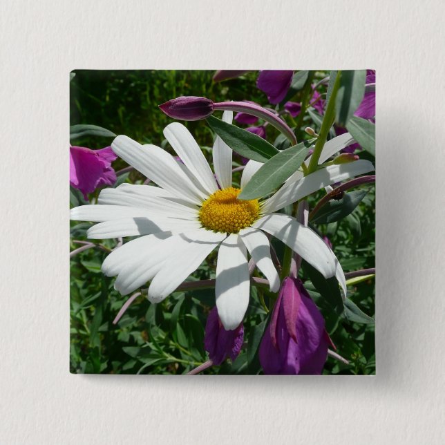 Daisy and Fireweed Wildflower Pinback Button (Front)