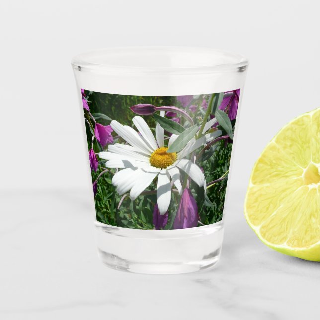 Daisy and Fireweed Wildflower Shot Glass (Front)