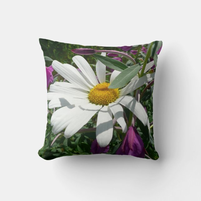 Daisy and Fireweed Wildflower Throw Pillow (Front)