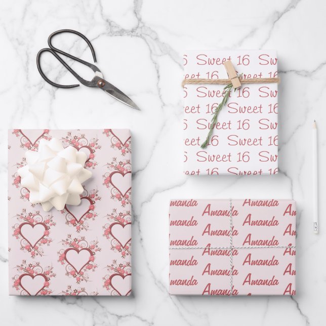 Daisy and Heart Sweet Sixteen  Wrapping Paper Sheets (Front)