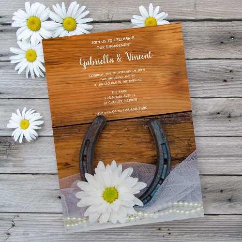 White Daisy Horseshoe Country Engagement Party Custom Announcements