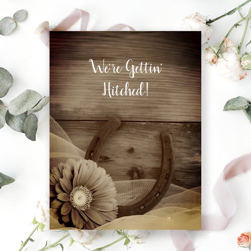 Daisy and Horseshoe Western Sepia Wedding Announcement Postcard