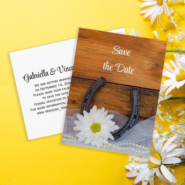 Daisy and Horseshoe Western Wedding Save the Date Announcement Postcard (Creator Uploaded)