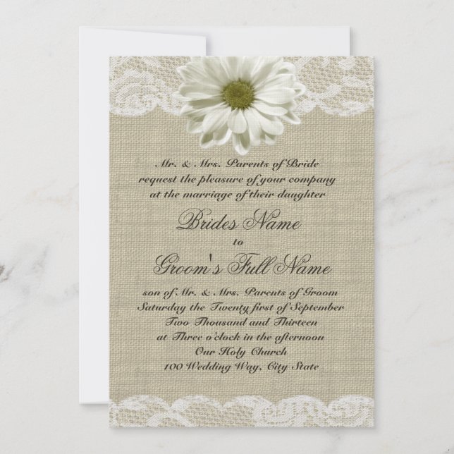 Daisy and Lace Country Burlap Wedding Invitation (Front)