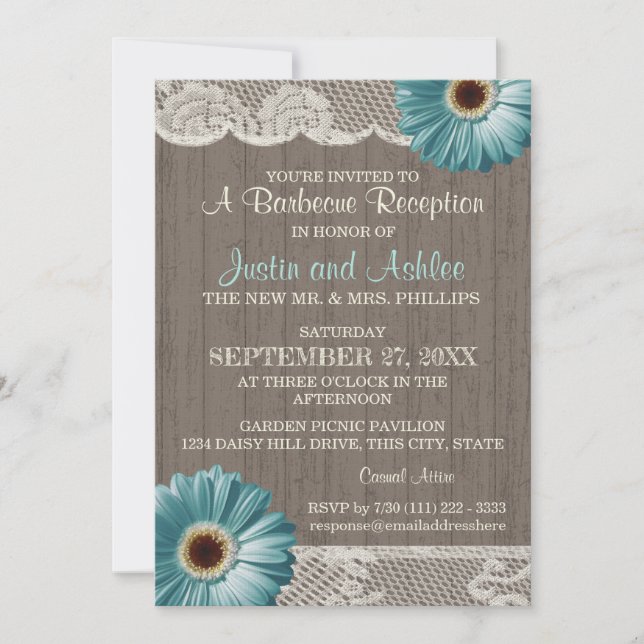 Daisy and Lace Teal Rustic BBQ Wedding Reception Invitation (Front)