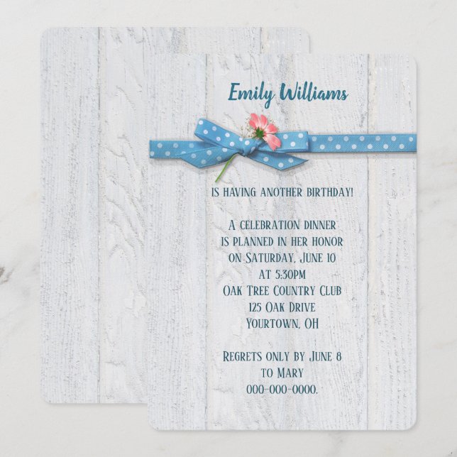 daisy and polka dot ribbon on wood birthday invite (Front/Back)
