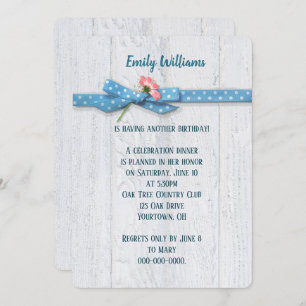 daisy and polka dot ribbon on wood birthday invite