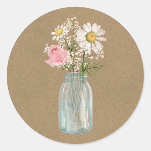 Daisy and Rose in Mason Jar Rustic Kraft Paper Classic Round Sticker