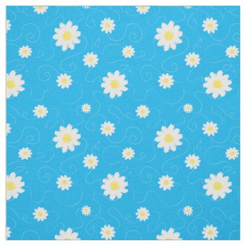 Daisy and Swirl Blue White Floral Pattern Fabric