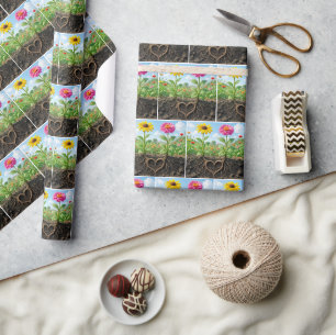 Daisy and Zinnia Love Heart in Garden Wrapping Paper