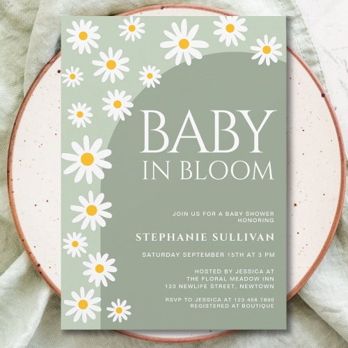 Daisy Baby In Bloom Boho Green Baby Shower Invitation