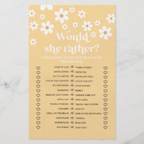Daisy Baby Shower Would She Rather Game Flyer