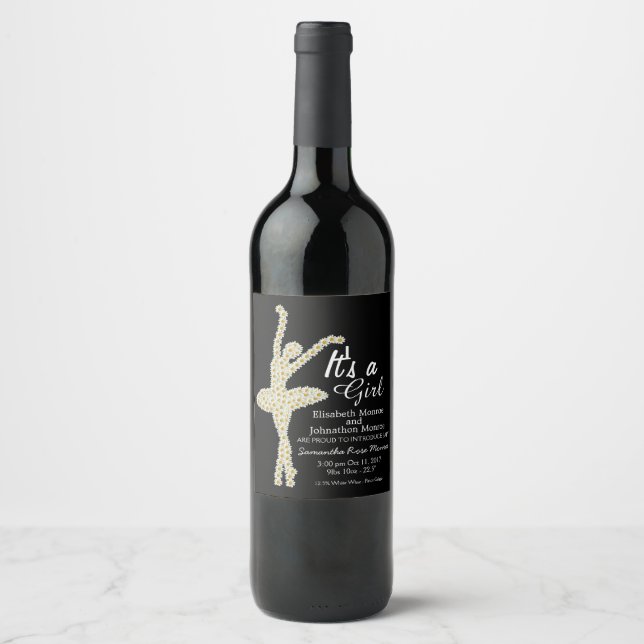 Daisy Ballerina, New Baby Announcement Wine Label (Front)
