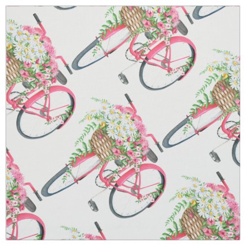 Daisy Basket Retro Pink Bicycle Pattern Fabric