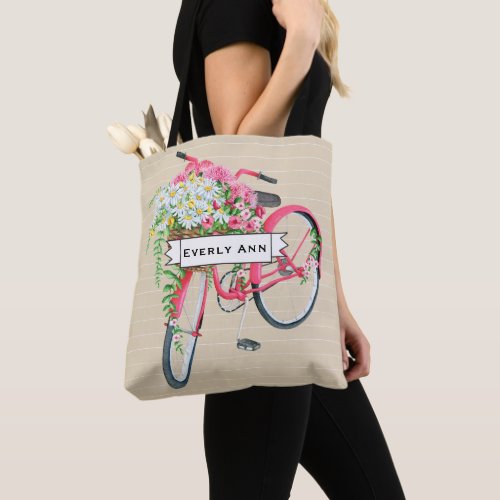 Daisy Basket Retro Pink Bicycle Pattern Tote Bag