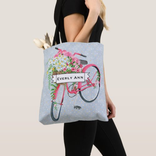 Daisy Basket Retro Pink Bicycle Pattern Tote Bag