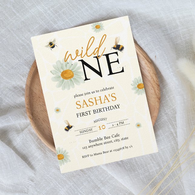 Daisy Bee Wild One Girl's 1st Birthday Invitation (Daisy Bees Wild one Girl's 1st birthday invitation)