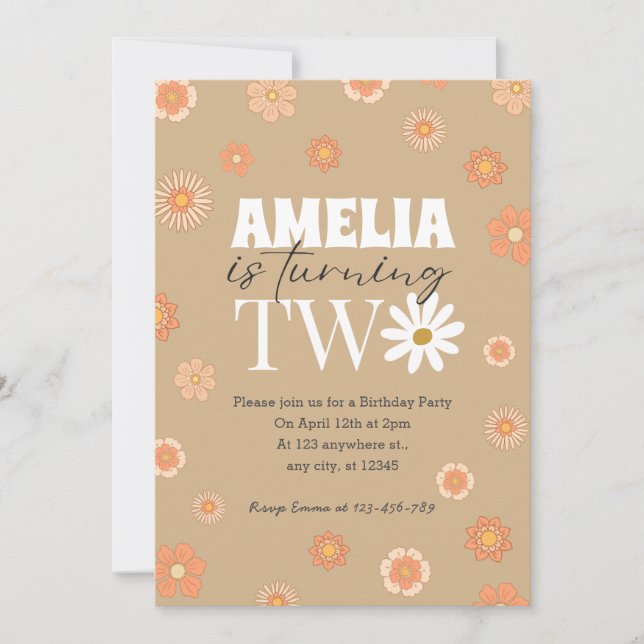 Daisy Beige Two 2nd Birthday Invitation (Front)