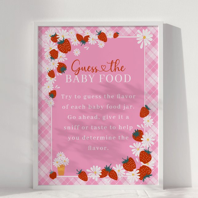 Daisy Berry Sweet Guess Baby Food Baby Shower Game Poster (Berry Sweet  Summer Daisy Flower & Strawberry Pink Plaid  Guess Baby Food Baby Shower Game )