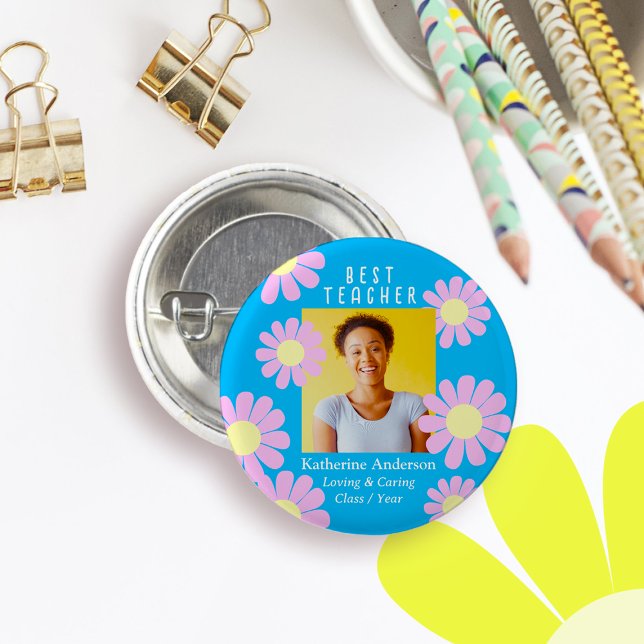 Daisy Best Teacher Photo Bright  Blue Button (Daisy Best Teacher Bright Blue Button.)