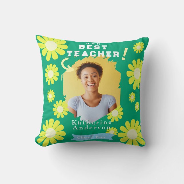 Daisy Best Teacher Photo Green Throw Pillow (Front)