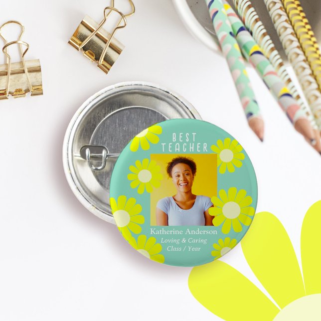 Daisy Best Teacher Photo Light Teal Button (Daisy Best Teacher Teal Button.)