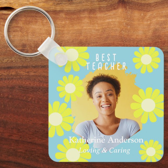 Daisy Best Teacher Photo Teal Keychain (Front)