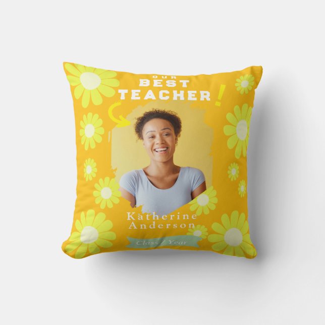 Daisy Best Teacher Photo Yellow Orange Throw Pillow (Front)