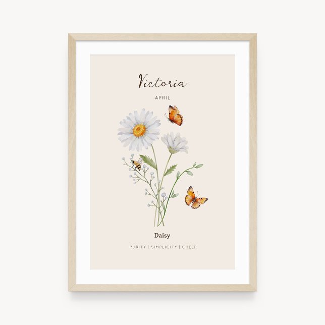 Daisy Birth Month Flower Poster (Example of daisy birth flower poster once framed. )