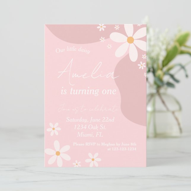 Daisy Birthday Party Retro Pink Bohemian Birthday  Invitation (Standing Front)