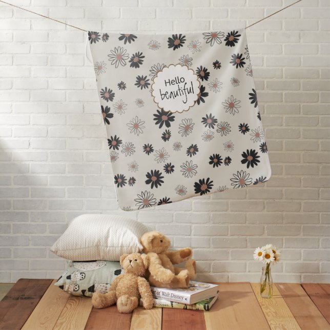 Daisy Black Pink Flowers Hello Beautiful Baby Blanket (In Situ)