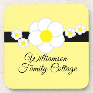 Daisy Black Stripe Yellow Elegant Family Cottage Beverage Coaster