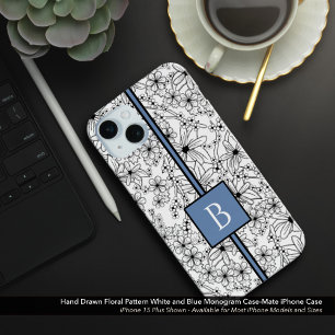 Daisy Black White Floral Pattern Blue Monogram iPhone 15 Plus Case