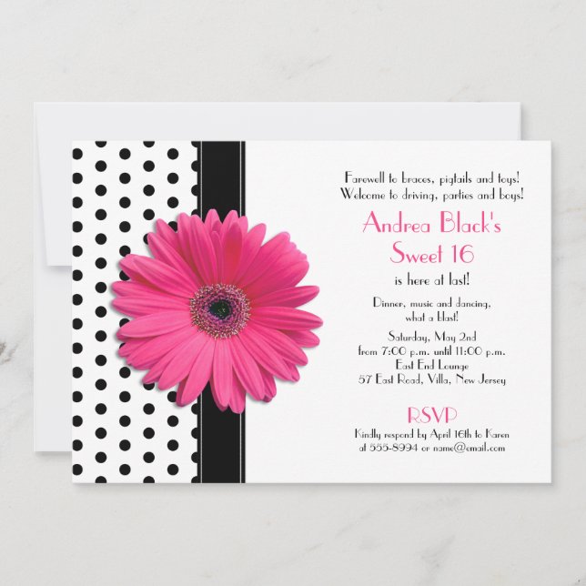 Daisy Black White Polka Dot Sweet 16 Invitation (Front)