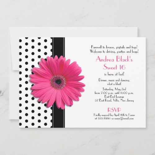 Daisy Black White Polka Dot Sweet 16 Invitation