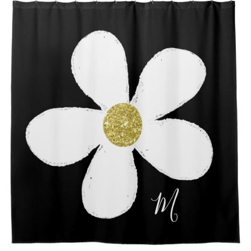 Daisy Black White Simple  Floral Gold Personal Shower Curtain