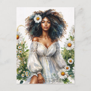 Daisy Black Woman Curly Hair Summer Watercolor Postcard