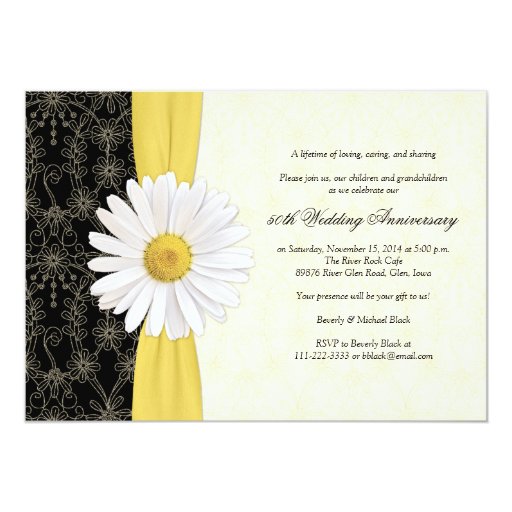 Daisy Black Yellow, Ivory Anniversary Invitation | Zazzle