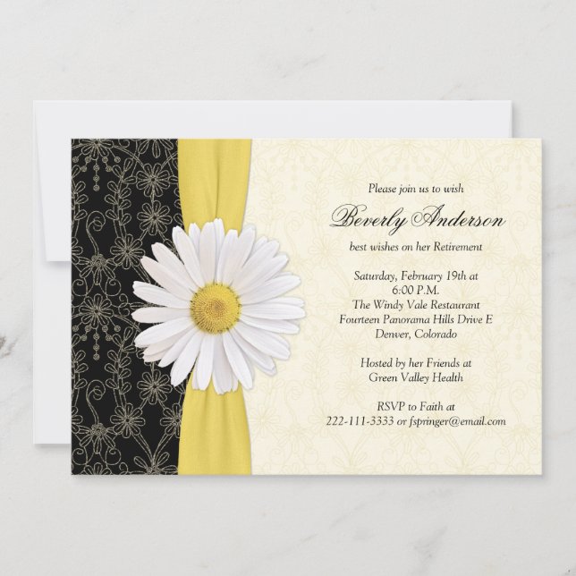 Daisy Black Yellow, Ivory Retirement Invitation (Front)