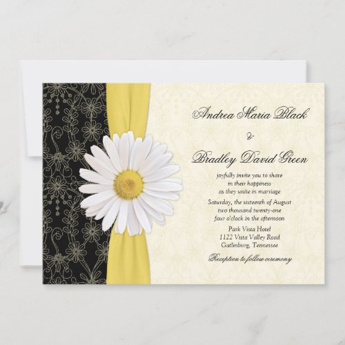 Daisy Black Yellow, Ivory Wedding Invitation