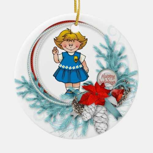 Daisy Blonde Hair Blue Pine Wreath Ceramic Ornament